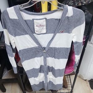 Hollister Women's Striped Cardigan in Gray and White